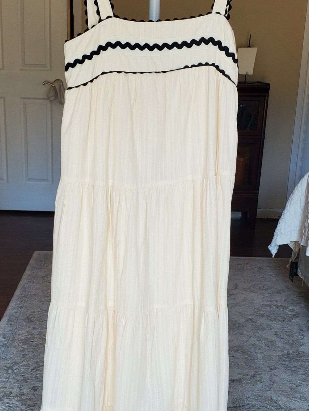 Lalavon Cream Tiered Maxi Sundress with Black Scallop Trim Size Medium